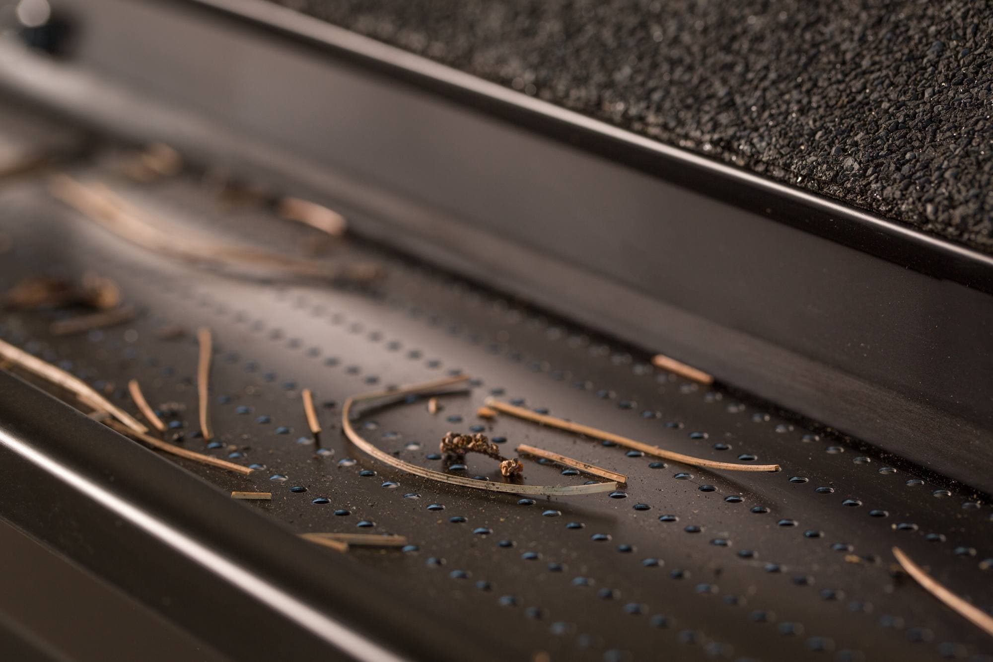 Pine needles resting dry on the surface of a DoublePro gutter guard, drainage perforations visible and unblocked underneath